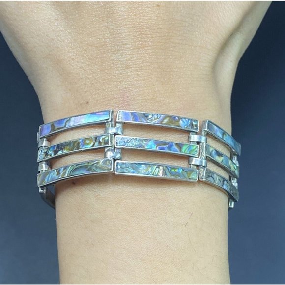 TAXCO Mexico Bracelet 925 Triple Chain Link Abalone Inlay 7.5 inches 1940s - Picture 2 of 7